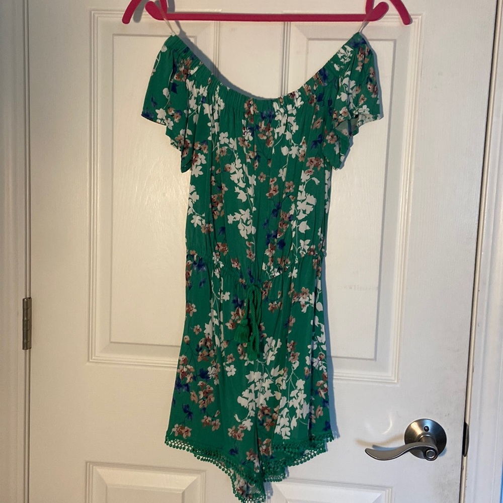 Green floral off the shoulder romper